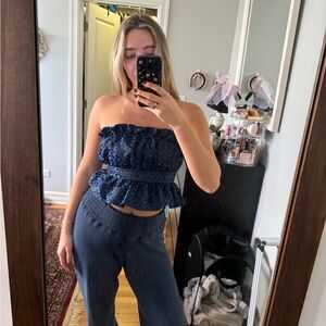 Royal blue and black asos peplum strapless top - size M fits like S